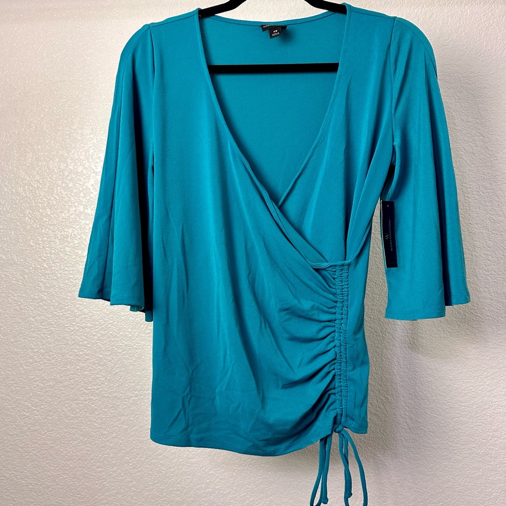 Worthington NWT Turquoise 3/4 Bell Sleeve Wrap Up Blouse